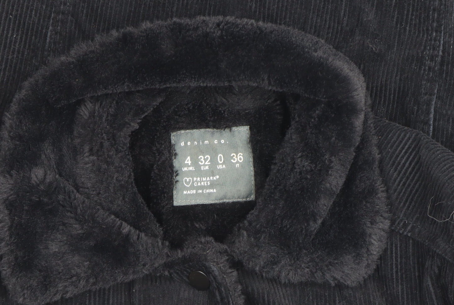 Primark Women Black Corduroy Faux Fur Lined Button Jacket Size 4