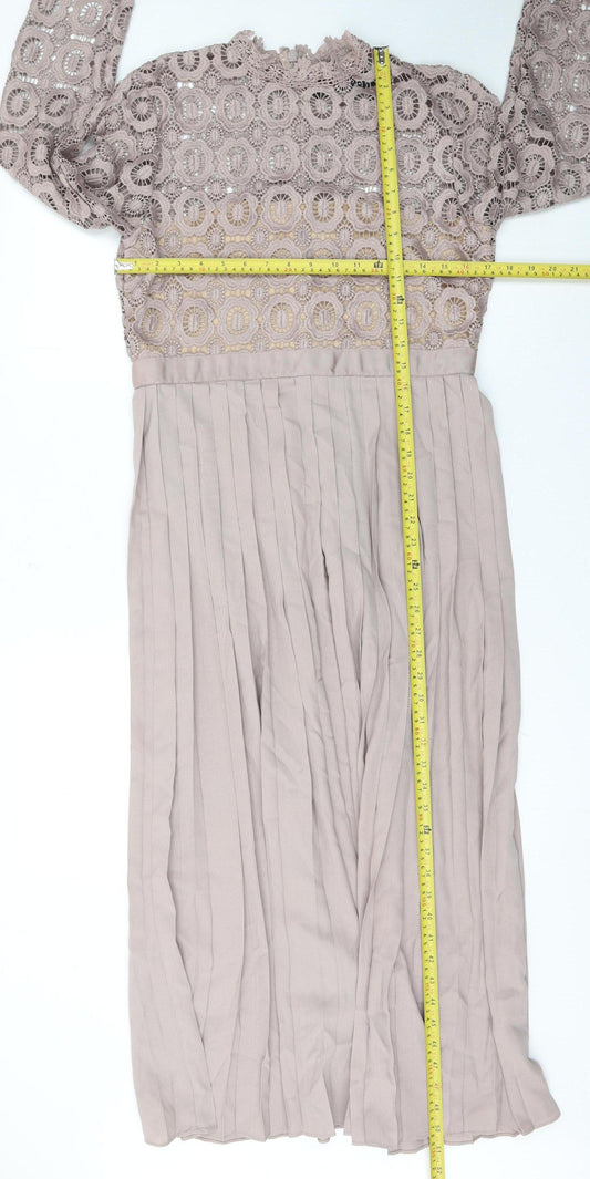 Little Mistress Women’s Beige Lace Pleated Midi Fit & Flare Dress UK14