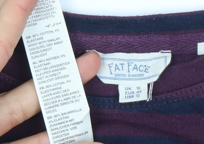 Fat Face Women’s Purple & Navy Striped Cotton Blend 3/4 Sleeve T-Shirt UK 16