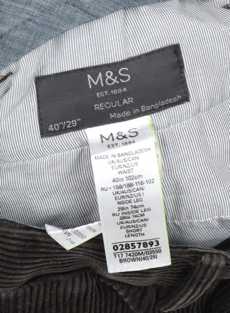 Marks and Spencer Men’s Brown Corduroy Regular Fit Trousers 40W 29L