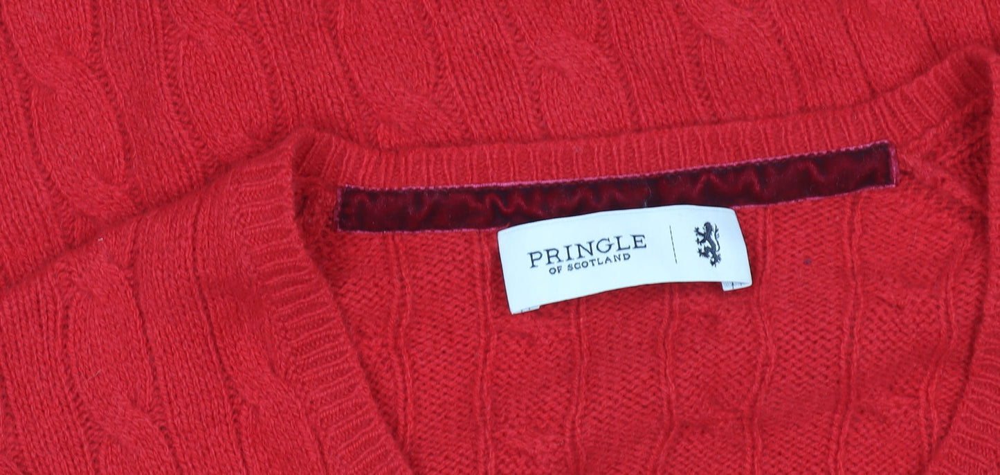 Pringle of Scotland Men's Red Wool Cable-Knit V-Neck Jumper M