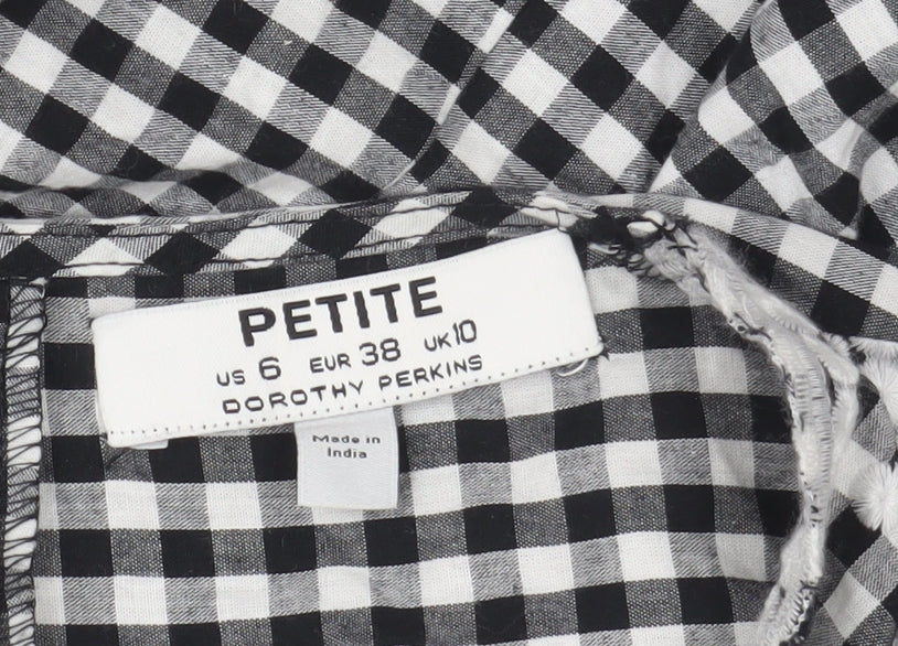 Dorothy Perkins Petite Black Check Embroidered Midi A-Line Dress Size 10