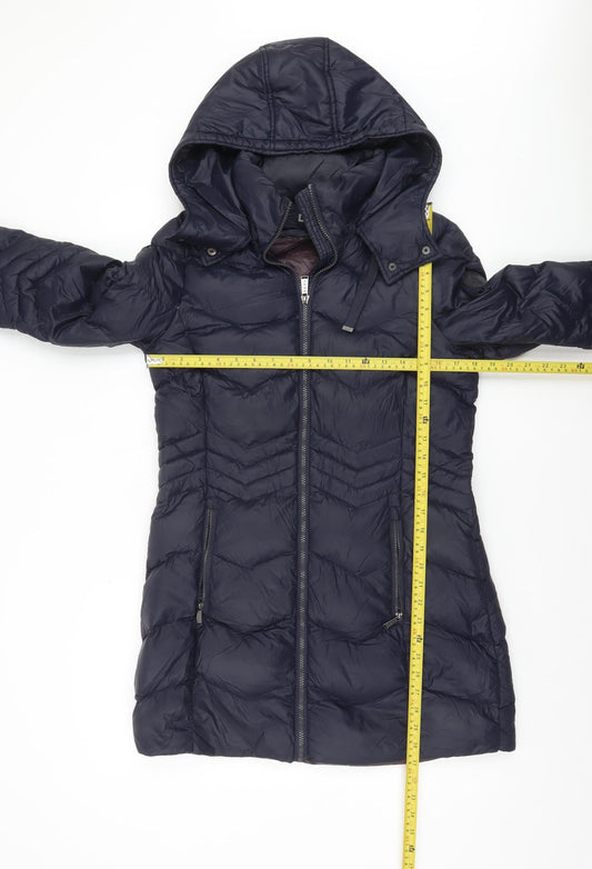 DKNY Women’s Blue Long Puffer Coat Hooded Full Zip Size M