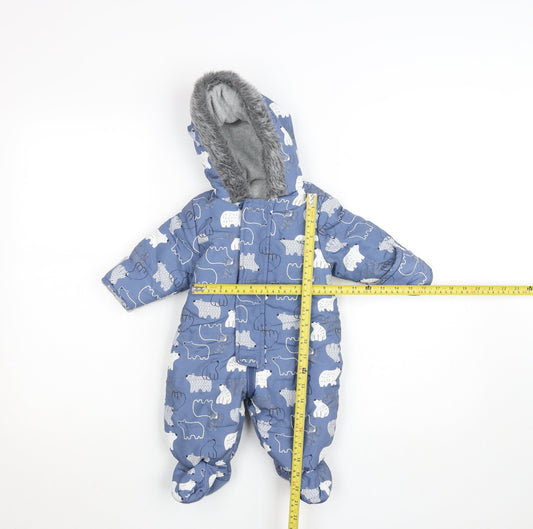 Nutmeg Unisex Kids Blue Animal Print Hooded Snowsuit 3 Months Winter Padded
