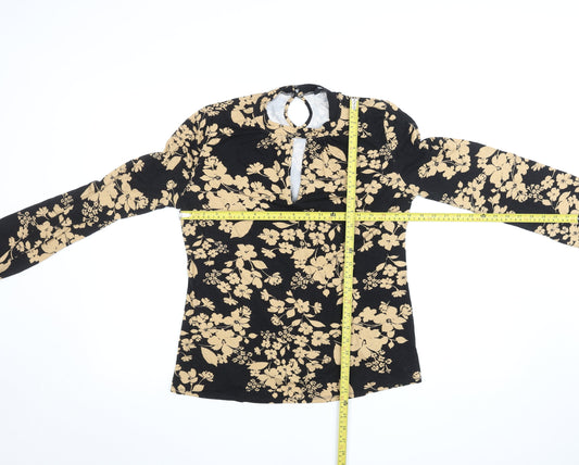 M&Co Women's Black Floral Long Sleeve Tunic Top Size 14