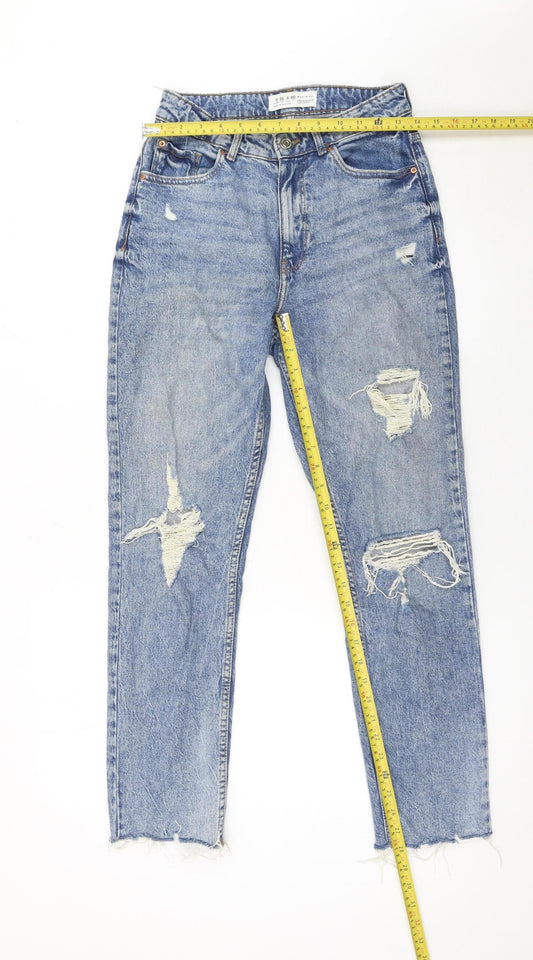 Primark Women Blue Size 8 High Rise Distressed Straight Jeans