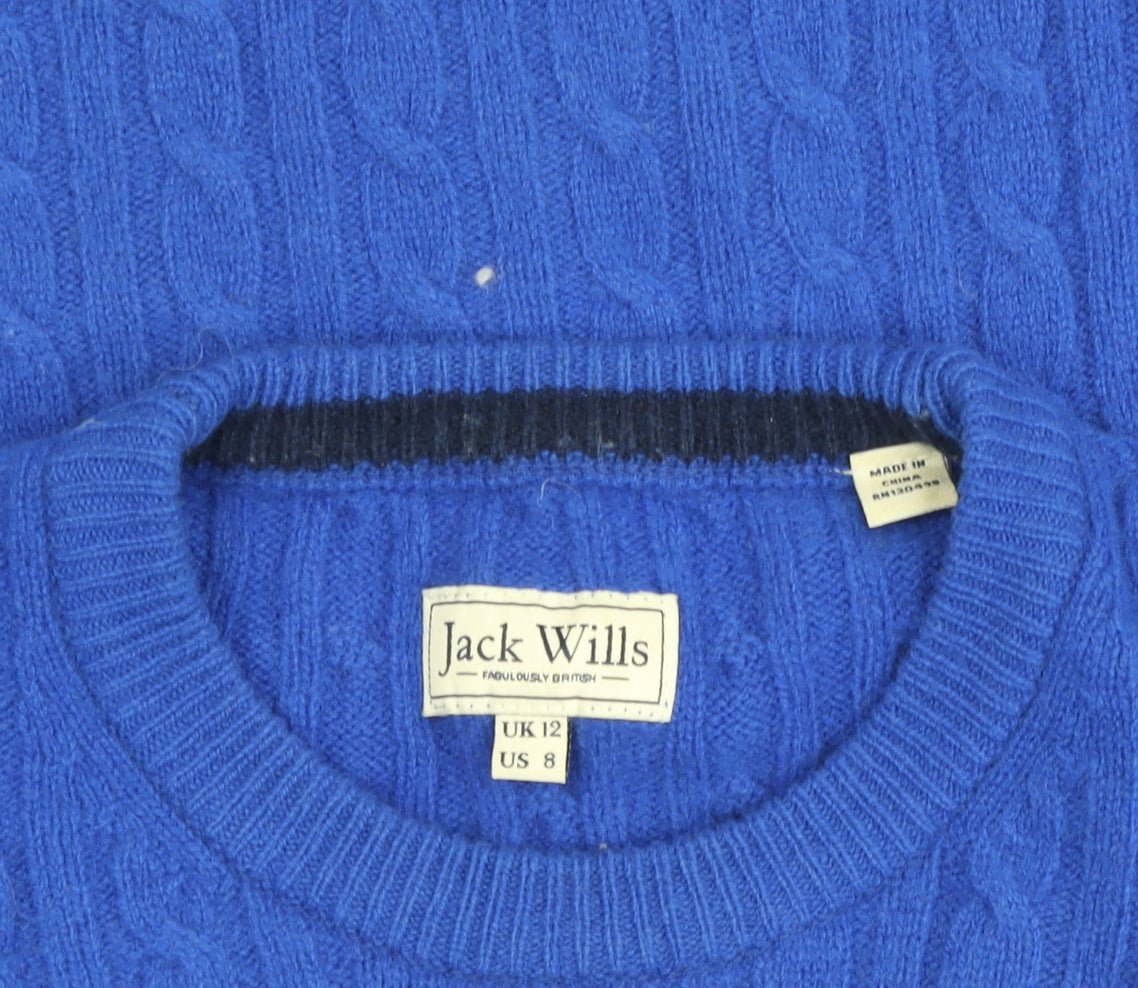 Jack Wills Women's Blue Cable-Knit Merino Wool Jumper Size 12
