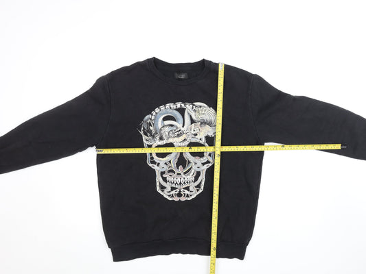 Zara Man Black Skull Graphic Sweatshirt Men’s L Pullover Crew Neck