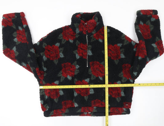Hollister Women Black Red Floral Fleece 1/4 Zip Pullover L
