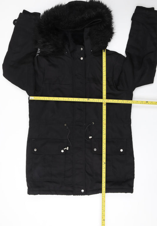 New Look Women's Black Parka Coat Size 12 Hooded Faux Fur Winter Jacket