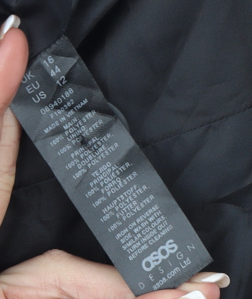 Brand and care label for ASOS Design women’s black longline single-breasted suit blazer uk 16