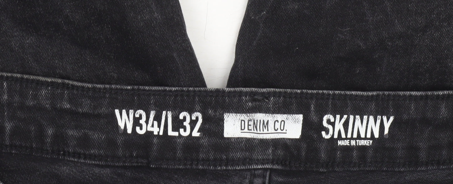 Denim Co. Men’s Black Skinny Jeans W34 L32 Distressed Denim
