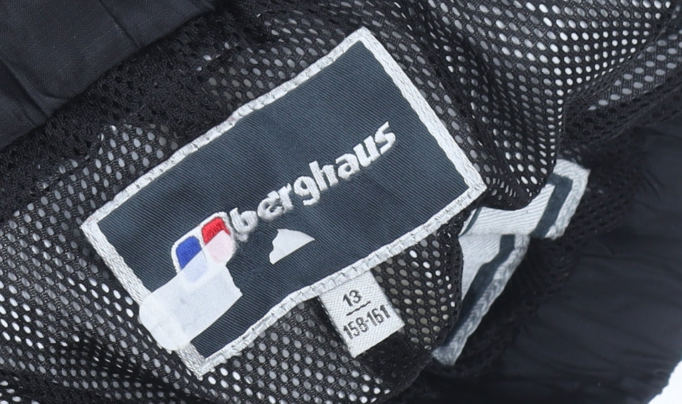 Brand and care label for Berghaus boys’ black 13 years waterproof rain trousers elastic waist
