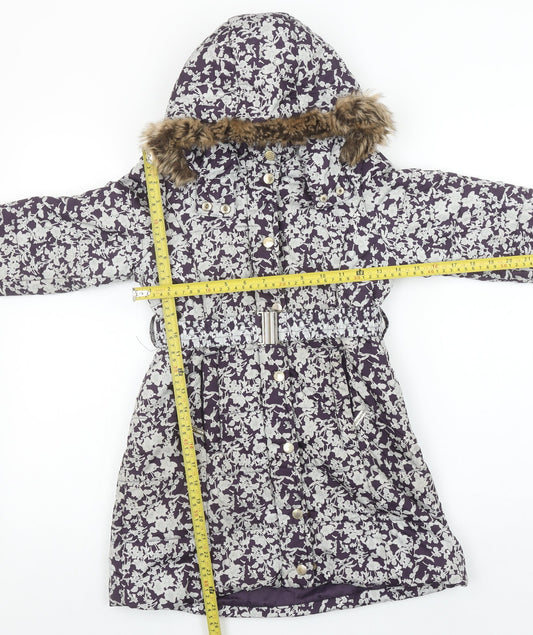 Feraud Girls Purple Floral Puffer Coat 6-7 Years Hooded Faux Fur Winter Jacket
