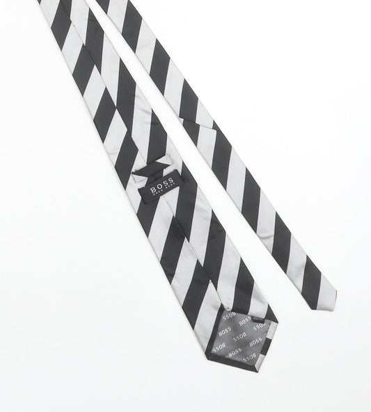 Hugo Boss Men Black and Silver Striped Silk Slim Tie Handmade One Size
