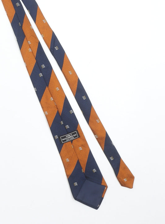Macclesfield Silk Mens Blue and Bronze Striped Slim Tie