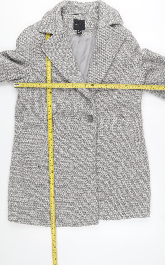 New Look Women Grey Wool Blend Mid-Length Herringbone Coat Size 14