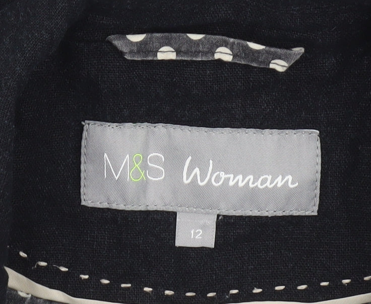 Marks and Spencer Women Black Linen Blend Blazer Size 12 Single Breasted