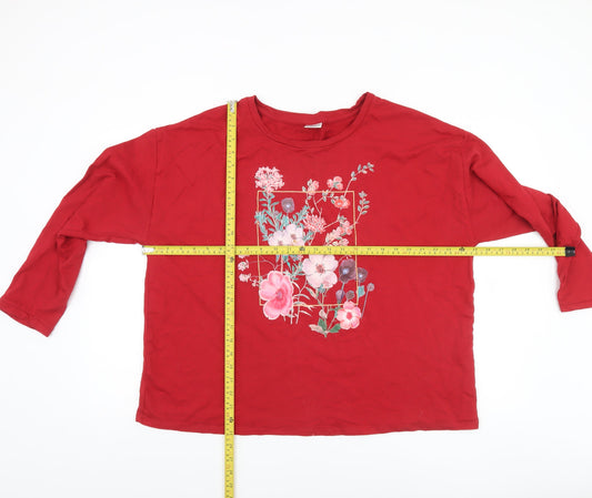 Damart Women Red Floral Embroidered Cotton Long Sleeve T-Shirt Size 22/24