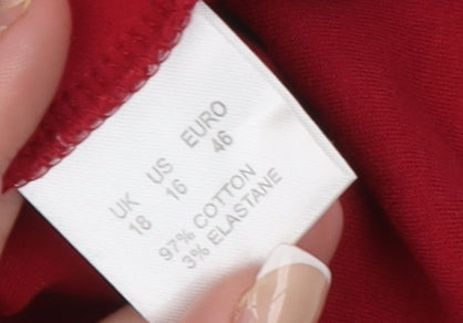 Dash Women Red Long Sleeve Square Neck Stretch Cotton Top Size 18