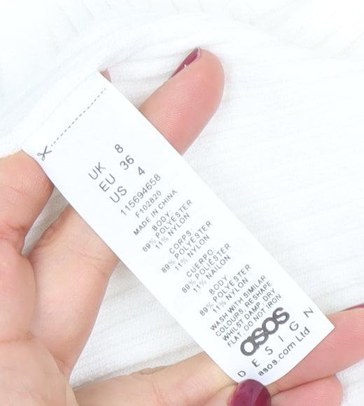 ASOS DESIGN Womens White Size 8 Slim Fit Ribbed Long Sleeve Top