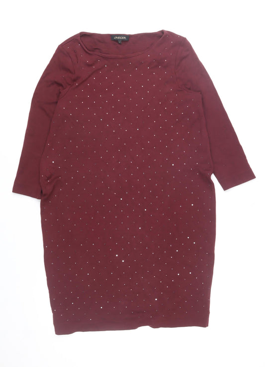 Additional front view of Jaeger Women Red Beaded Sheath Knee Length Dress, size M