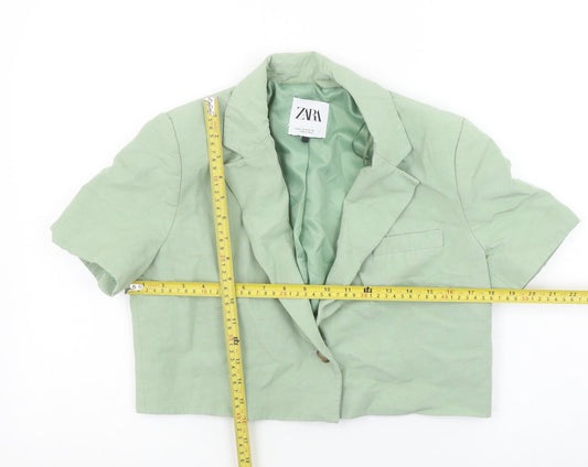 Zara Women's Green Cropped Short Sleeve Blazer M Linen Blend
