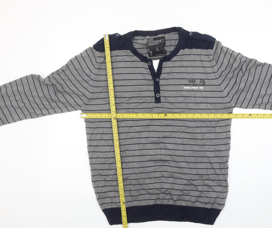 Next Men's Grey Striped Henley Cotton Jumper Size L Long Sleeve