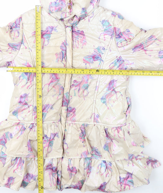 Monsoon Girls Beige Unicorn Puffer Coat 7-8 Years Hooded Winter Jacket