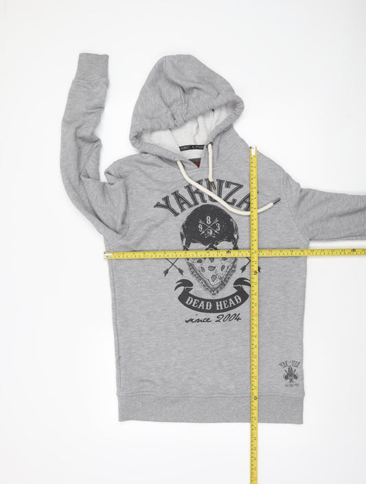 Yakuza Men’s Grey Pullover Hoodie L Skull Graphic Print Streetwear