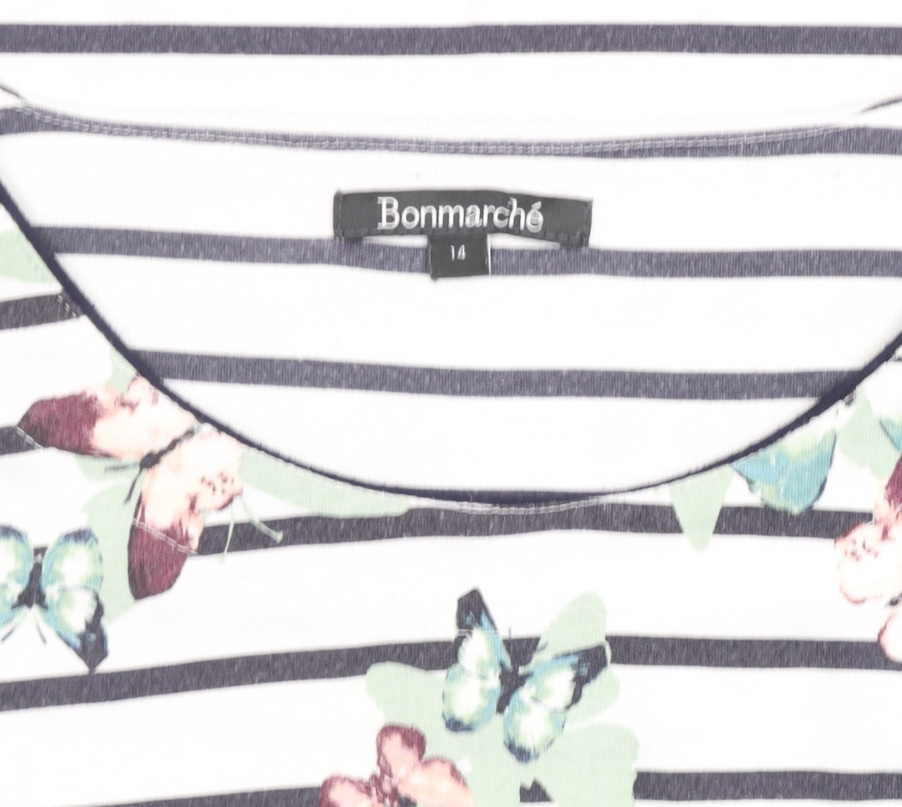 Bonmarché Women’s White Striped Butterfly T-Shirt Size 14 3/4 Sleeve