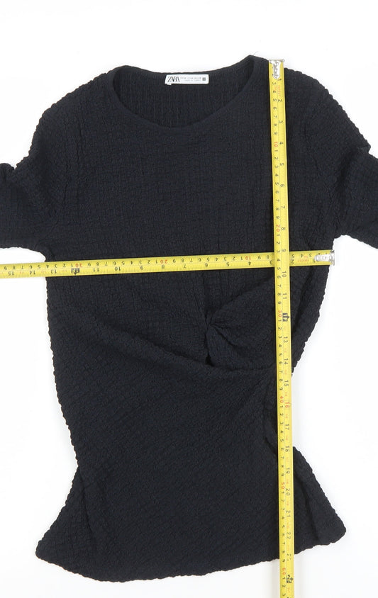 ZARA Women Black Long Sleeve Textured Twist Slim Fit Top M