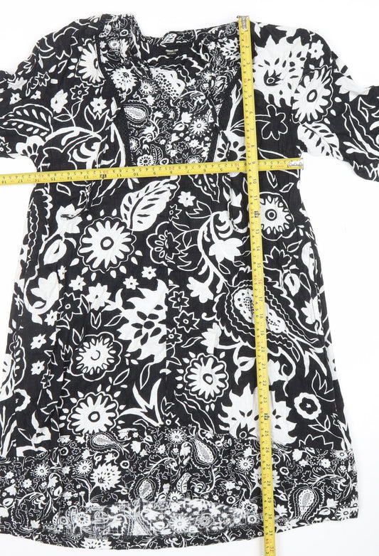 Next Petite Black Floral Linen Blend Shift Dress Size S