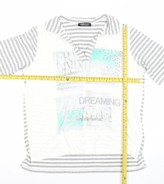 Frank Walder Womens Grey Striped Studded V-Neck T-Shirt Size 14