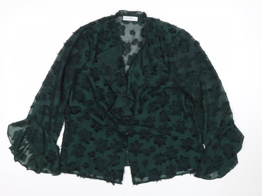 Additional front view of Gallery Women’s Green Floral Ruffle Chiffon Blouse, size UK 10