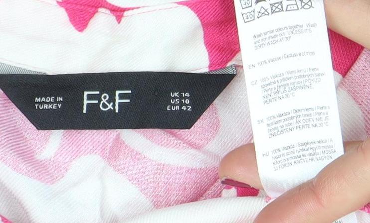 F&F Women’s Pink Floral Cotton A-Line Knee Length Dress Size 14