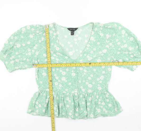 New Look Women Green Floral V-Neck Puff Sleeve Peplum Blouse Size 10