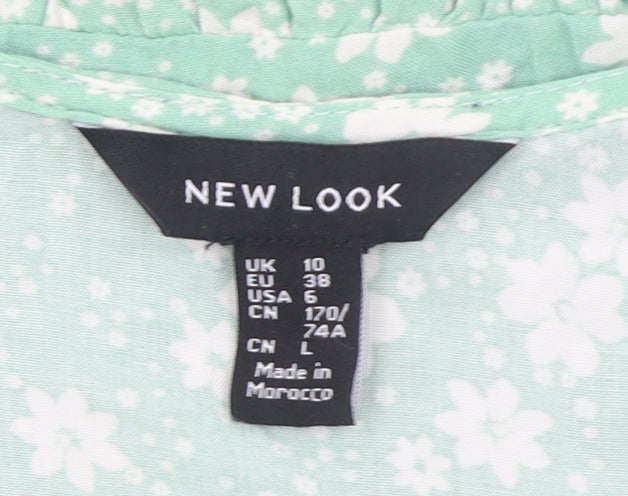 New Look Women Green Floral V-Neck Puff Sleeve Peplum Blouse Size 10