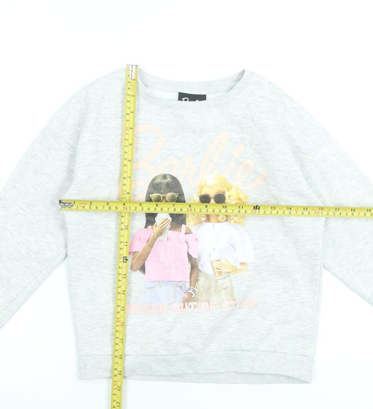 Barbie Girls Grey Pullover Sweatshirt 10 Years Graphic Print Cotton Blend