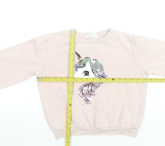 H&M Girls Pink Unicorn Sequin Pullover Sweatshirt 7-8 Years