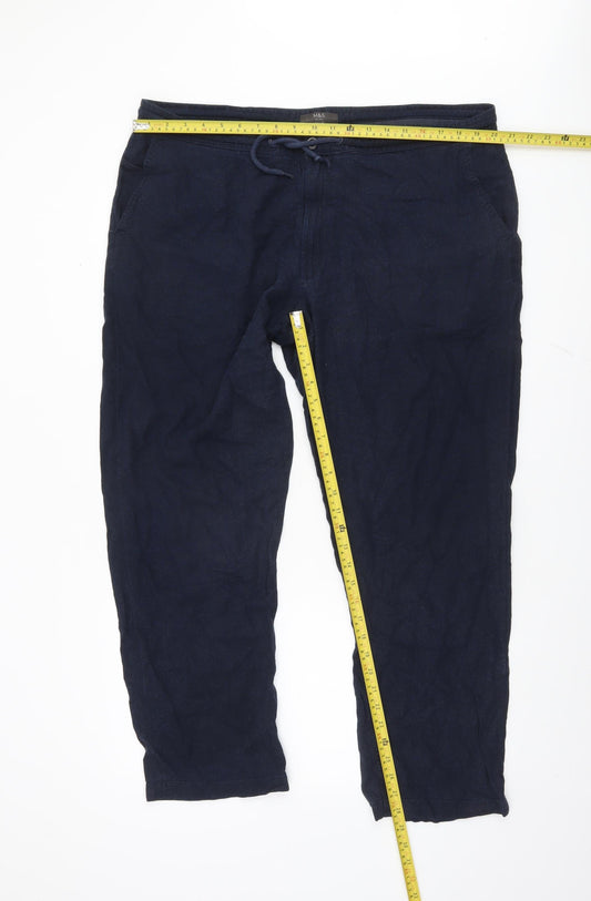 Marks and Spencer Men's Navy Regular Linen Blend Drawstring Trousers 42W 31L