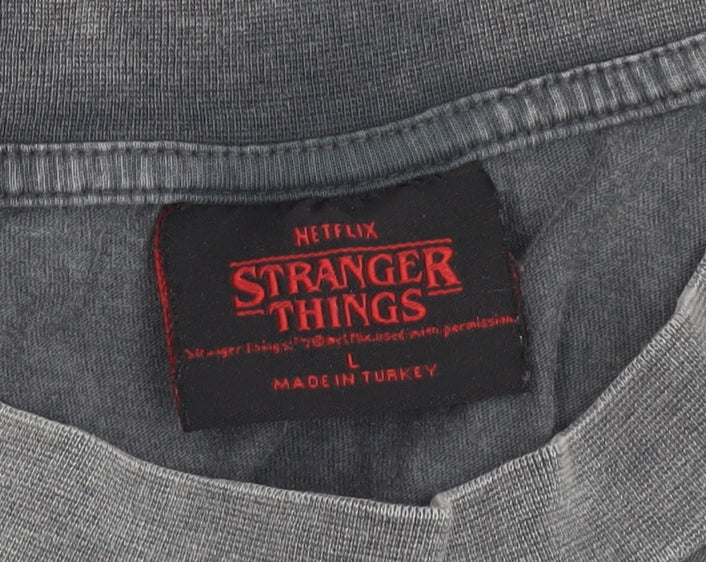 Stranger Things Men’s Grey Eddie Munson Band T-Shirt L Graphic Cotton