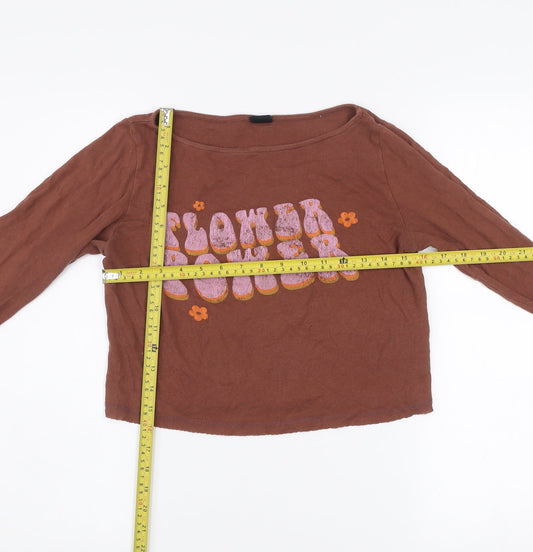Bershka Womens Brown Flower Power Cropped Long Sleeve T-Shirt Size S