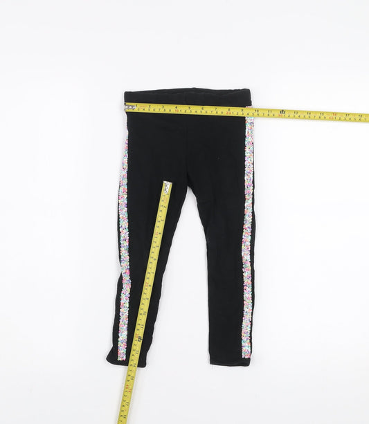 H&M Girls Black Floral Side Stripe Cotton Stretch Ankle Leggings 4 Years