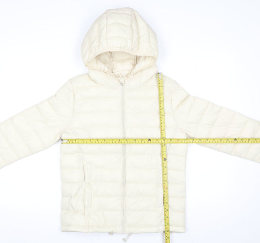 Pull & Bear Womens Ivory Puffer Jacket S Hooded Nylon Mid-Length