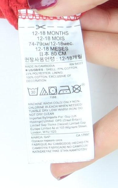 GAP Red Hooded Fleece Logo Pullover Sweatshirt 12-18 Months Unisex Baby