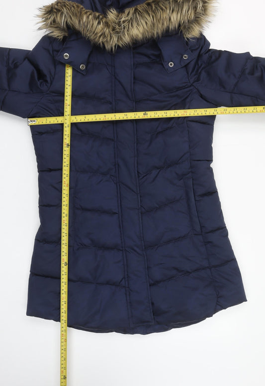 H&M Women's Navy Hooded Puffer Coat Faux Fur Trim Size 14Y