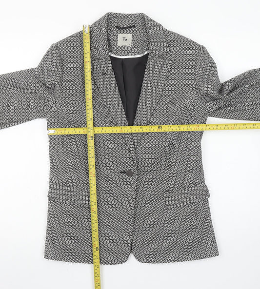 Tu Women Black Geometric Single-Breasted Blazer Size 10