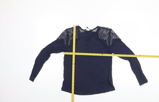 French Connection Women's Blue Lace Shoulder Long Sleeve Jersey Blouse Size S