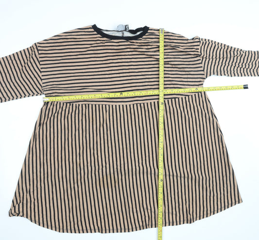 ASOS DESIGN Women's Beige Striped Long Sleeve Cotton Tunic T-Shirt UK 16